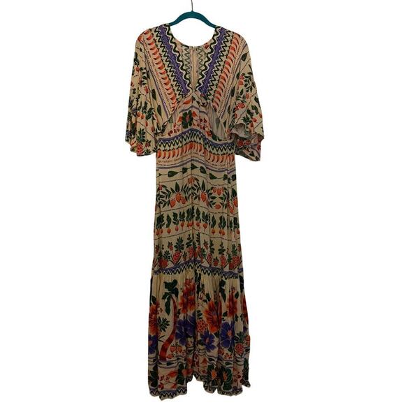 Farm Rio Anthropologie Tropical Print Kaftan Maxi Cutout Dress Sz S N - Picture 2 of 10